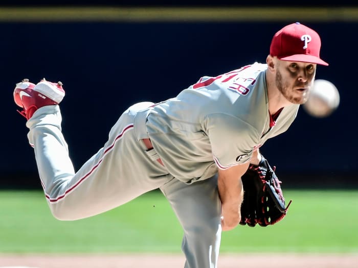 Sep 6, 2021; Milwaukee, Wisconsin, USA; Philadelphia Phillies pitcher Zack Wheeler (45) throws a pitch in the first inning against the Milwaukee Brewers at American Family Field.